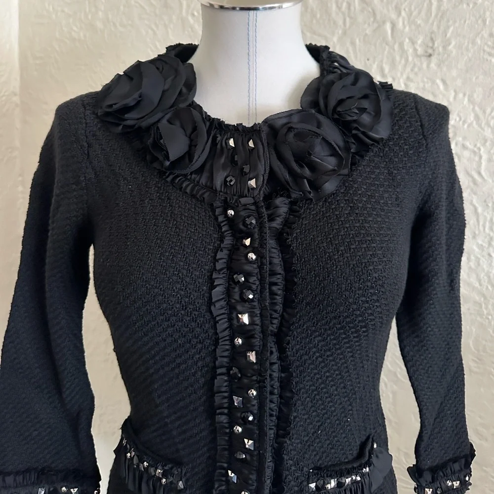 White House Black Market Knit Blazer Jacket Satin Ribbon Trim Flower Silver Stud